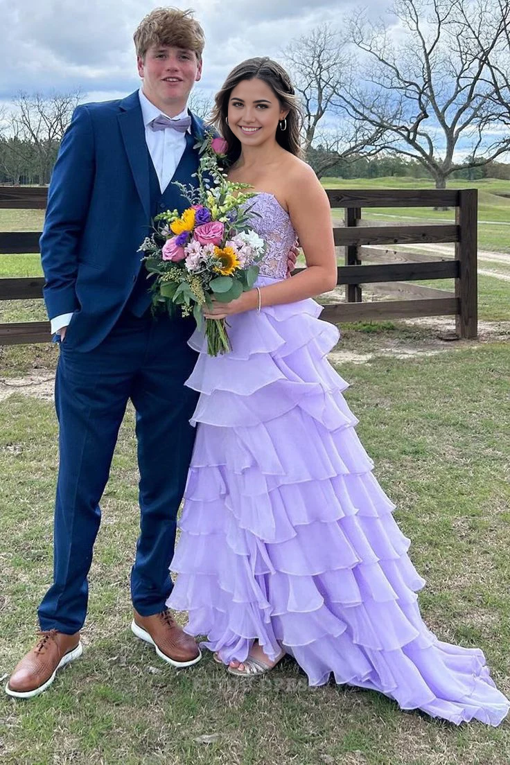 A-line Sweetheart Ruffles Tiered Lavender Long formal dresses Bridesmaid Dresses evening gown Prom Dress